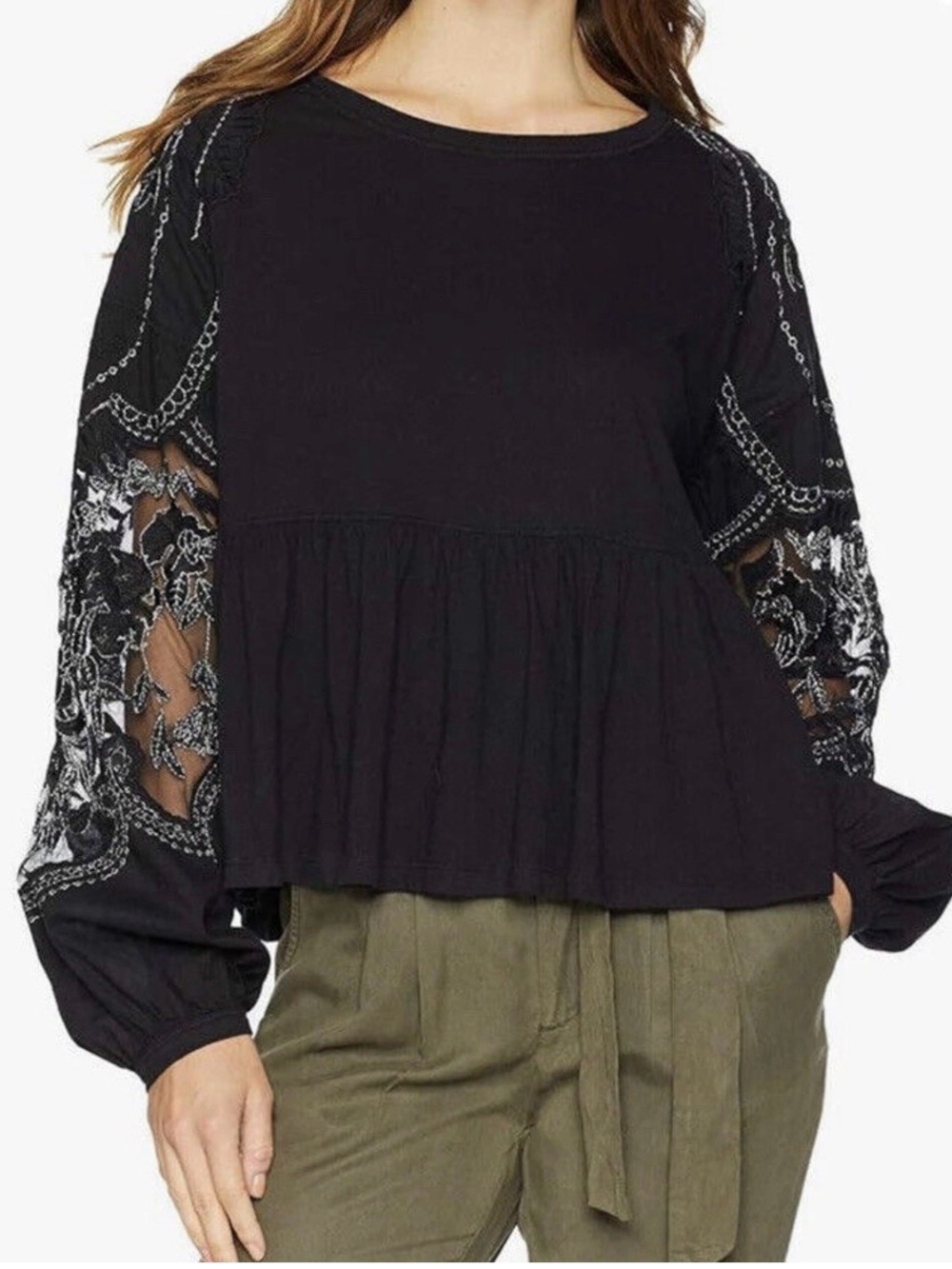 Free People Black Blouse with Embroidered Sheer Sleeves